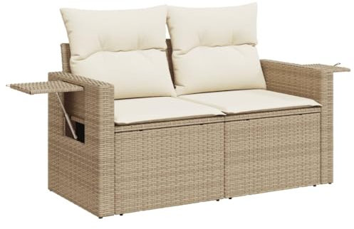 HETFTJN Garten Sessel Outdoor Gartenstühle Sofas & Couches Lounge Sessel Outdoor - Gartensofa mit Kissen 2-Sitzer Beige Poly Rattan für Garten Speisesaal Schwimmbad Terrasse