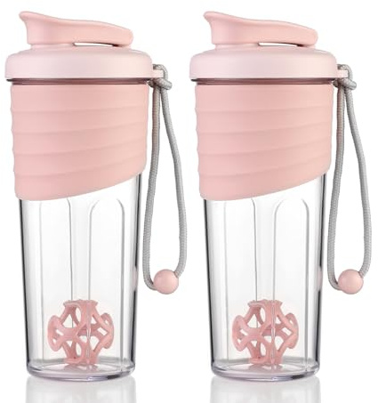 OUOUMUF 2 Stück Protein Shaker mit Tritan Rührball eiweiss shaker für proteinshakes- für super cremige Fitness Eiweiß Shaker,Proteinshaker 700ml (Rosa und Rosa)