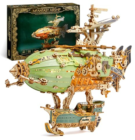FUNPOLA LED Puzzle 3D en Bois Modèle de dirigeable - Steampunk Maquette en Bois à Construire avec lumières LED - Construction de maquettes de dirigeables pour Adultes (Vert)