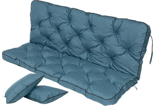 TexDeko® Ecolen Bankauflage mit Rückenlehne Outdoor 170x50x56cm Türkis | Gartenschaukelkissen für Gartenbank mit Leinenoptik, wasserabweisend, UV-beständig, Polsterauflage mit Paspelrand