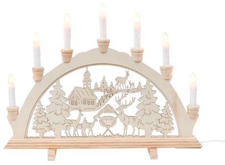 Wichtelstube-Kollektion Holz Schwibbogen Lichterbogen Waldkirche und Rehe 45cm Schwippbogen Weihnachten Weihnachtsbogen Schwibbogen Weihnachten 7 Kerzen 230V Anschluss