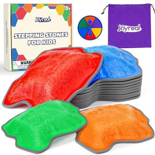 Joyreal Stepping Stones for Kids, 10PCS Non-Slip Sensory Stones, 1 Turntable, 1 Storage Bag, Balance Stepping Toys Set Improve Balance & Motor Skills, Outdoor Play Equipment for Kids Autism 3+
