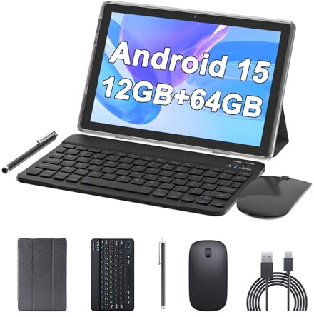 ATOZEE Android 10 Tablet 15 2 in 1 Tablets with Keyboard, 12GB RAM + 64GB ROM(Supports 1TB Expansion) 2MP Tablet+8MP 6000mAh Camera, 5G WiFi-6 Tablets Mouse/Cover/Stylus