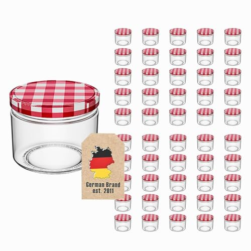 INTIRILIFE 50 Stück Einmachgläser mit Deckel - 150 ml - 6.5 x 6.5 cm -Kleine Sturzgläser Marmeladengläser Vorratsgläser mit Schraubdeckel, Gewürzglas perfekt zum Verschenken, rot weiß karriert