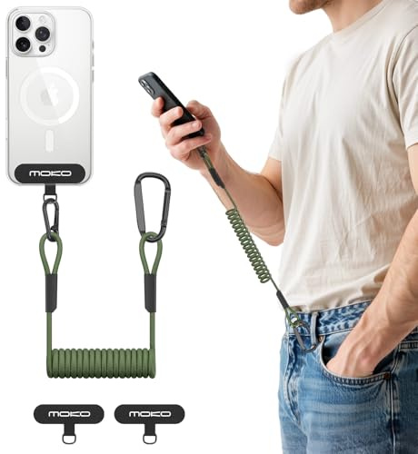MoKo Phone Lanyard with Stretchy Tether and Carabiner | Anti-theft phone strap with tether patch for hiking, climbing and fishing, Green