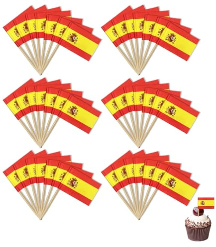 100 Pièces Drapeau Espagne,Cure Dent Avec Drapeau Espagne,Petit Curedents Drapau Espagnol Flag Décorations et Fournitures pour Fête De Football Espagnol Aperitif Cupcake(3,5 * 2,5cm)