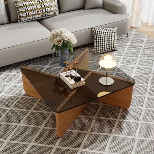 Mesa De Centro Cuadrada De Cristal Templado Con Patas De Madera Maciza, Mesa De Salón Moderna Para Sala De Estar, Mesita De Sofá Con Tablero De Vidrio Transparente Para Espacios Pequeños(Natural,S)