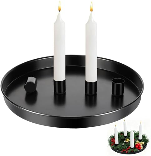 Vasmeiy Magnetischen Kerzenhaltern, Vassoio per Candele in Metallo Ø 25 cm con 4 Portacandele Magnetici per Candele Ø2 cm, Vassoio Magnetico Rotondo Nero, per Corona Avvento e Decorazioni Quotidiane