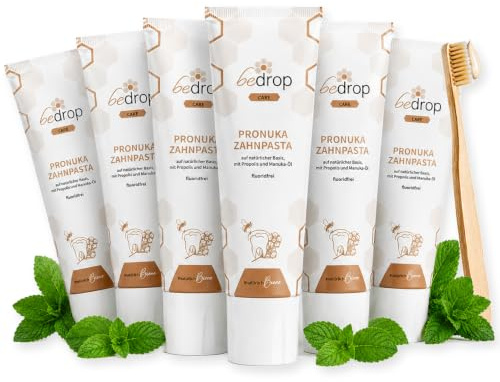 bedrop Pronuka Zahnpasta mit Propolis & Manuka-Öl fluoridfrei, natürlich, ohne Mikroplastik & ohne Titandioxid, natürliche Zahncreme mit Zitrone-Minze Geschmack (6x 75ml Sparset)