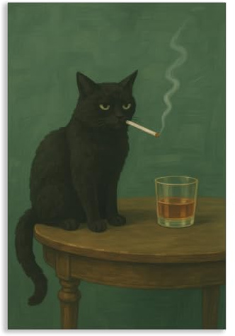 Black Cat Canvas Wall Art, Moody Dark Green Cat Painting Poster, Vintage Whimsical Animal Picture, Whiskey Print Bar Cart Wall Decor, Dark Humor Art for Kitchen Living Room 12x16in Unframed