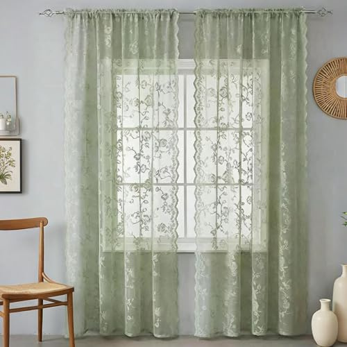 Fmorgen Französische Spitzenvorhang Durchlässig Spitzenvorhang 2 Stück Spitzengardinen Gardinen Vintage-Fensterbehandlung Ösenvorhang für Wohnzimmer Schlafzimmer(Green, 132x245CM)