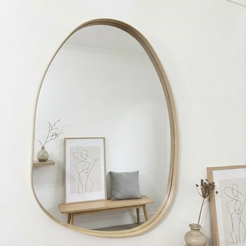 LIAMRA Organic Irregular Oval Wall Mirror, Light Wood Frame Minimalist Decorative Mirror for Living Room Bedroom Hallway