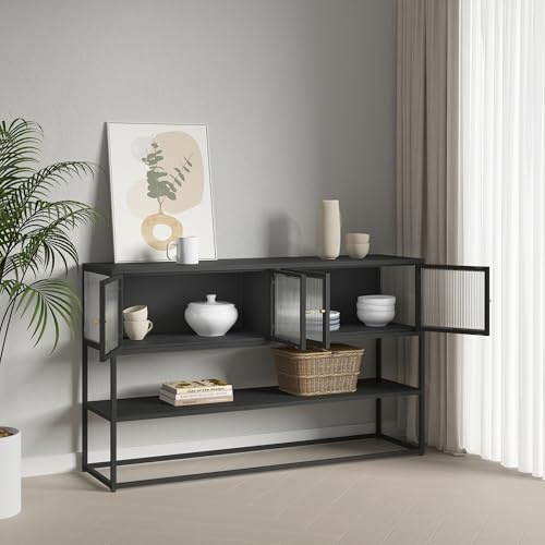 [en.casa] Sideboard Säkylä Vitrine Mehrzweckschrank 150 x 38 x 90 cm Vitrinenschrank mit 4 Glastüren 2 Fächern und 1 Ablage für Wohnzimmer Esszimmer Flur Schwarz