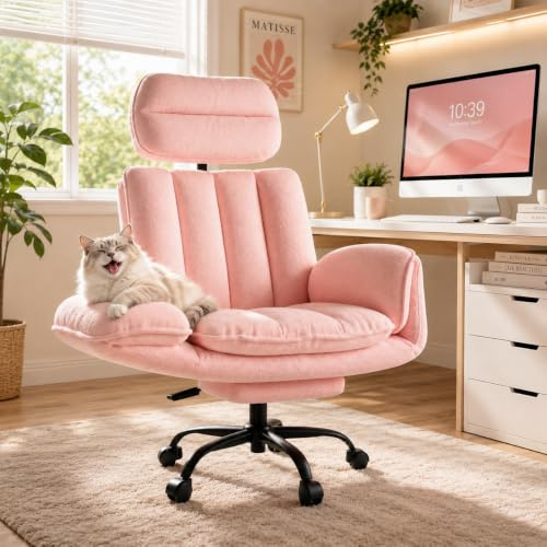 HOMRELEXA Big & Tall Bürostuhl, Ergonomischer Schreibtischstuhl | mit Verstellbaren Armlehnen und Fußstütze, Reclinierbar, Kuscheliger Teddyplüsch, Breite Sitzfläche, Rosa