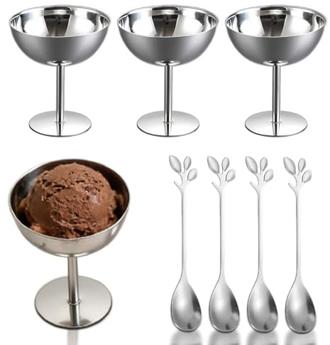 4 Stück Eisbecher Edelstahl, 200ml Dessertschale mit 4 Dessertlöffel, Runde Form Ice Cream Sundae Dessertgläser für Eis, Dessert, Joghurt, Dessert Schale für Hochzeiten, Partys, Restaurant, Silber