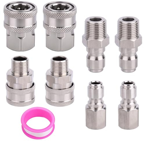 8pzs Kit Conexión Rápida Limpiadora Alta Presión, 3/8 Pulgadas Acero Inoxidable Adaptador Conector Rápido Manguera con Cinta PTFE Acoplamiento NPT Macho y Hembra