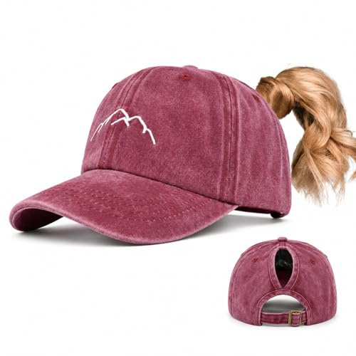 GEEKPC Women's Retro Washed Cotton Baseball Hat with Ponytail Hole & Embroidered Mountain Design - Adjustable Sun Cap for Hiking, Tennis, Golf, Casual Outdoor Activities and Everyday Wear