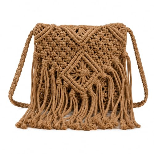 Fjquamitix Straw Cross Body Bag Women Boho Macrame Handmade Crochet Bag With Zipper Closure Fringe Shoulder Beach Purse Summer Handbags Travel Vacation Daily Use