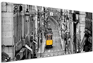 Panorama Fotoleinwand 120x40cm Naturfotografie – Gelbe Straßenbahn in Lissabon, Portugal auf Leinwand exklusives Wandbild moderne Fotografie für ihre Wand in vielen Größen
