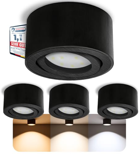 SSC-LUXon 4er Set CELI-1B LED Aufbau Deckenleuchte schwarz gebürstet - flach, rund & schwenkbar - Spot inkl. LED Modul 4W LumiFLEX Lichtfarbe warm/neutral/kalt 230V