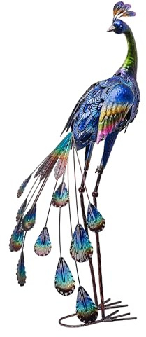 TERESA'S COLLECTIONS Hinterhof-Dekoration, Pfauenkunst, Gartenskulpturen und Statuen, 88,9 cm, großer Metall-Vogel, Rasen-Ornamente, Innen- und Außenbereich, Dekorationen für Veranda, Terrasse, Teich,