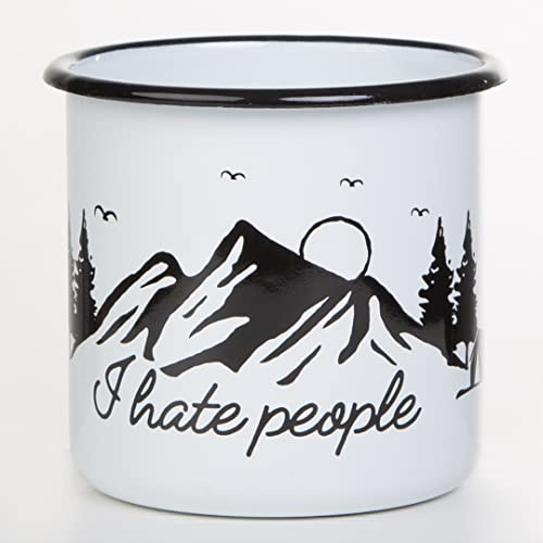 MUGSY Emaille Tasse, I Hate People, Berg Motiv, 330ml, Camping Tasse mit Spruch, bruchfest, weiß