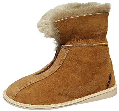 Hollert Damen & Herren Lammfell Hausschuhe Alaska Cognac Fellschuhe mit Reißverschluss 100% Merino Schaffell für Wohlgefühl - warm, atmungsaktiv Schuhgröße 40