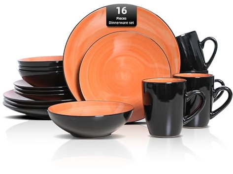 HomeVss, Stoneware Sonoma 16pc Dinnerware Set, Black + Speckled Spin Wash Orange