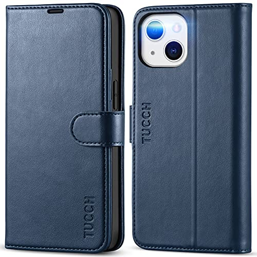 TUCCH Cover per iPhone 13 5G Custodia Magnetica Flip Portafoglio, Blu | Chiusura Magnetica, Tasca Carte, Blocco RFID, Pelle Sintetica, Resistente