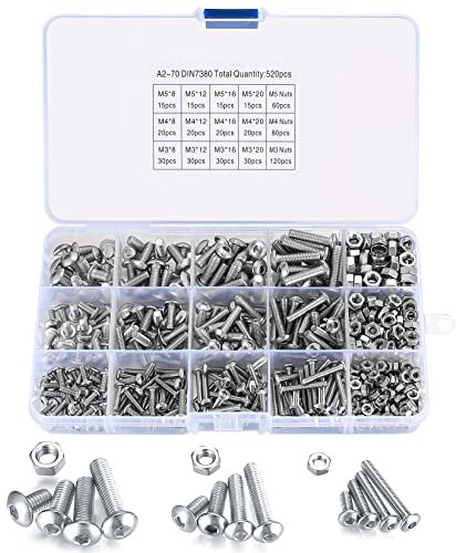 520 Pièces Vis avec écrous, M3/M4/M5 Vis à Tête Hexagonale en Acier Inoxydable avec Boulons et écrous, Bouton à Tête Ronde Socket Assortiment