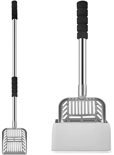 Hortsun 32 Inch Cat Litter Scooper Metal Long Handle with Cat Litter Scoop Holder Deep Kitty Sifter Shovel Detachable Stainless Steel Poop Sifter Scooper Caddy Kitty with Box(Gray)