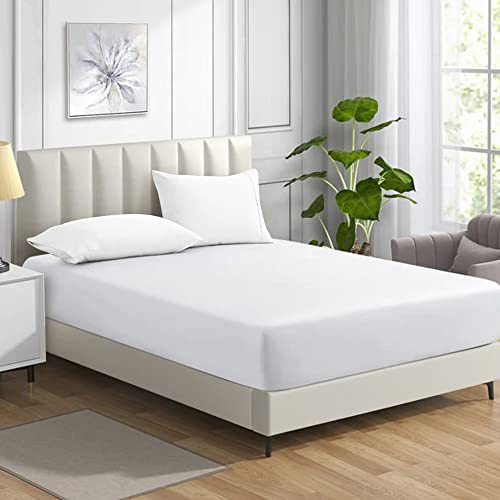 MistyMorning Double Fitted Sheet 11''/28cm Deep Pocket Fitted Bed Sheets Double 137x190cm, Egyptian Cotton 200 Thread Count, Soft Breathable Bedding & Linen Easy Care. (White, Double)