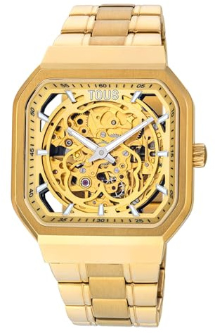 TOUS Reloj Analógico Automático con Brazalete IP Dorado y Engranaje Acero, Silueta Oso, Funciones Horas y Minutos, Impermeable a 3 ATM, Colección D-Bear