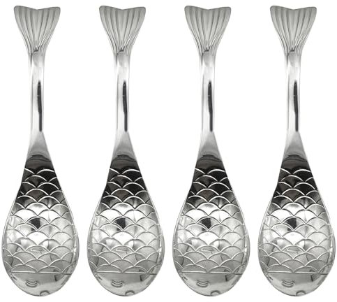 Pinenjoy 4Pcs Silver Fish Spoon 18/10(304) Stainless Steel Asian Soup Spoon Short Handle Spoon for Porridge Cereal Rice
