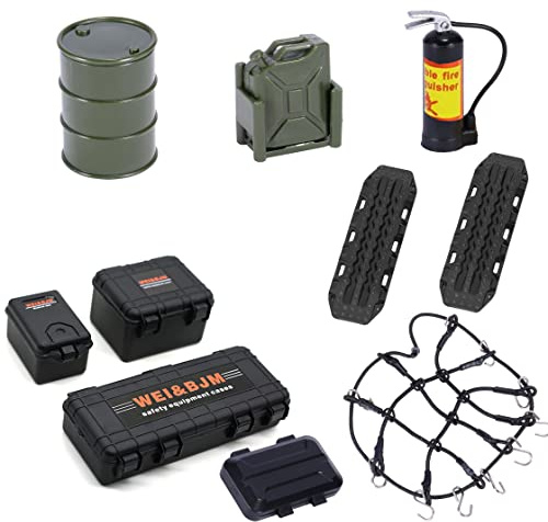 Shaluoman RC Crawler Car Accessories Roof Decoration Set, 10 pcs, Luggage Net, Oil Drum, Recovery Board, Fuel Tank, Fire Extinguisher, Toolboxes for 1/18 1/24 TRX4M SCX24 SCX10 GEN FMS Upgrade Parts