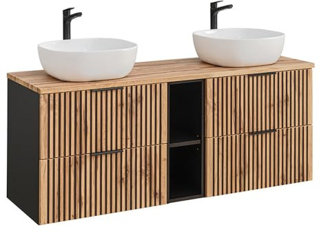 Lomadox Meuble de salle de bain - Double vasque - Noir rainuré - 140,6 x 74,2 x 46,5 cm - Avec étagère - 2 vasques à poser - Anthracite et chêne Nb