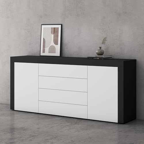 doporro Kommode 167cm Sideboard mit 2 Türen 4 Schubladen grifflos | Sideboard Wohnzimmer, verstellbaren Böden, matt Anthrazit & Weiß Schubladenschrank, Stauraum, BxTxH:167x36x70cm, Schrank03