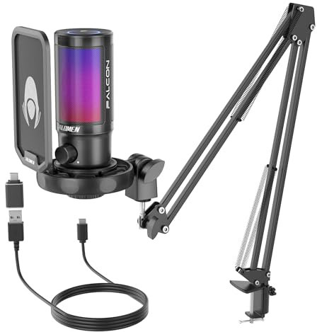 talomen USB Microphone,USB Gaming Mikrofon mit Arm Scherenarm,Mute,Gain Regler,Popfilter,192 KHZ/24BIT,RGB Mikrofon für PC,Laptop,MAC,PS4,PS5,Kondensator Microphone für Podcasts,Streaming,YouTube,F8S