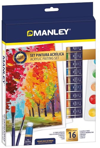 Manley Set Pintura Acrílica 16 piezas| Ideal para artistas principiantes | Pintura acrílica calidad artística | Colores brillantes y fáciles de mezclar.