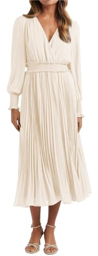 PRETTYGARDEN Damen-Wickelkleid, V-Ausschnitt, Frühlingskleid, Hochzeitsgäste, lässig, plissiert, langärmelig, Midi-Kleid, Rüschen, gesmokt, langes Kleid, Beige, Groß