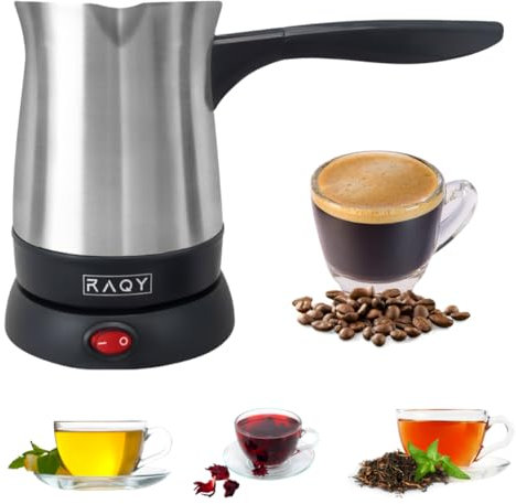 RAQY Electric Coffee Pot, Turkish Greek Coffee Maker, Stainless Steel, Rotational base, Capacity 250ml up to 500 ml, 800 W Power, Coffee, Espresso, Milk, Hot Chocolate, Portable Travel (Anti-Overflow)
