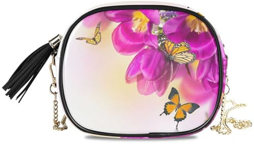 Mnsruu Crossbody Taschen für Frauen Rosa Blume Schmetterling Stiefmütterchen Cross Body Bag Kleine Handtaschen Clutch Umhängetasche Mode Handy Geldbörse mit Kettenriemen, A897, Small
