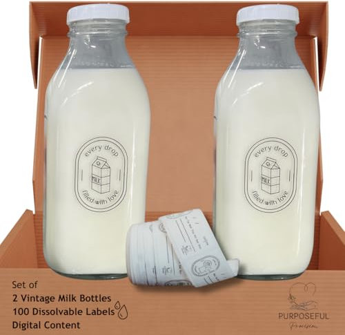 Jarra de leche materna, jarra de vidrio para leche materna, recipientes de almacenamiento de leche materna para refrigerador con 100 etiquetas para marcar, juego de 2 botellas de vidrio vintage de 32