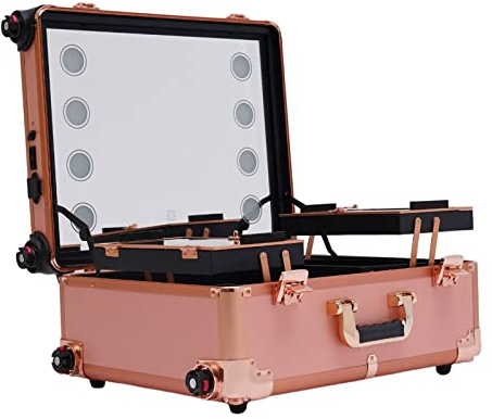 Kosmetikkoffer Trolley Schminkkoffer, 3 in 1 Profi Groß Schminkkoffer Aluminium Make Up Organizer Koffer Mit LED Friseurkoffer Beauty Case abschließbar Alu Multikoffer mit 4 Rollen (Roségold)