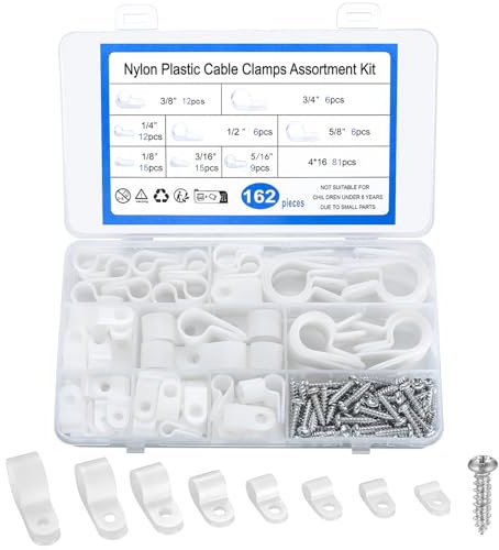 162 Pz Fermacavo Tipo R, Fermacavi in Nylon, Graffette Clip per Cavi, Clip a P, Fermacavi Muro a Forma di R per Cavi Elettrici, Condotti per Cavi, Fissaggi Morsetti per Cavi, con Viti - Bianco