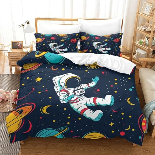 VesFy 3D Druck Cartoon-Astronaut Bettdecke Decken Kinderbettwäsche Mikrofaser Weltraum-Forscher Bettbezug 3 Teilig Mit Kissenbezug Für Jugendliche Kinder Schlafzimmer Super King（260x220cm）