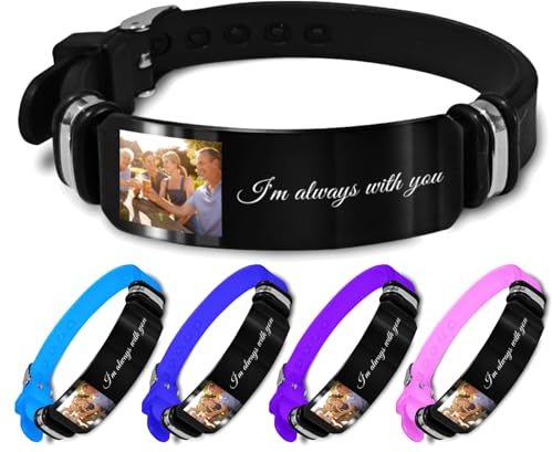 Braccialetto in silicone personalizzato per uomo e donna con nome inciso e testo parole con cinturino regolabile nero, braccialetti personalizzati regalo per lui, regali commemorativi con foto