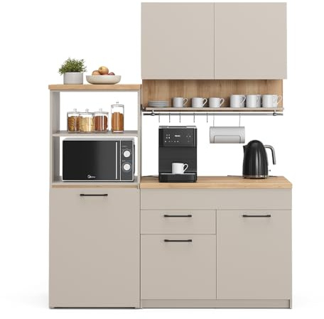 Vicco Singleküche Egbert, Greige, 160 cm | mit ausziehbarem Tisch, mit integriertem Tellertrockner und seitlichen Regalablagen