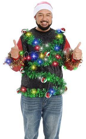 U LOOK UGLY TODAY Jersey de Navidad unisex para hombre y mujer, luz LED, divertido, suéter de punto, suéter de Navidad, con lámpara LED, motivos navideños para fiestas navideñas, Festive Bauble