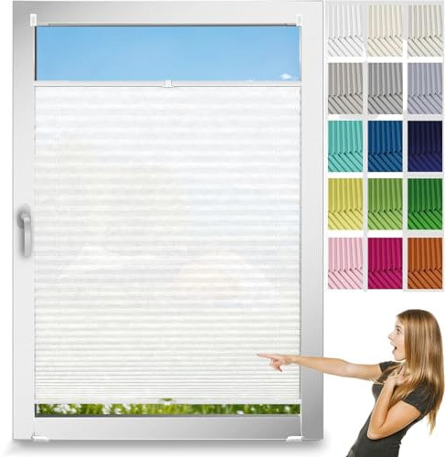 Jalousien Fenster Raffrollo, Fenster Plissee 74 x 75 cm, Sonnenschutz Easyfix Lichtdurchlässig, Faltrollo Lichtdurchlässig Rollo, Fenster Plissee Ohne Bohren, für Fenster & Tür, Weiß